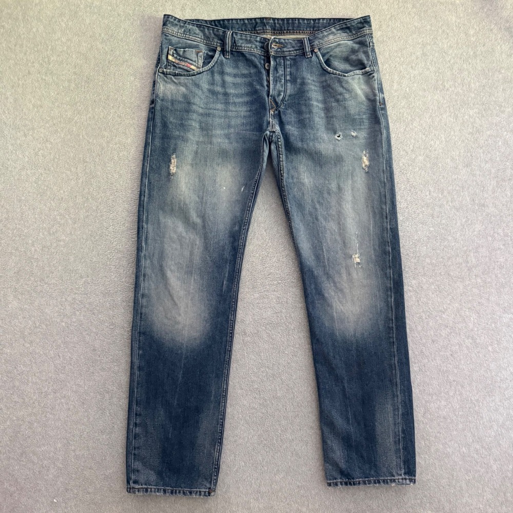Diesel Larkee Mens 38x32 Blue Distressed Regular Straight Leg Jeans Medium Wash - Picture 2 of 12